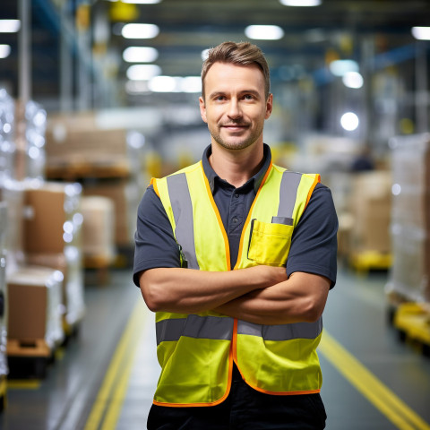 Confident assembly line worker on blurred background Confident assembly line worker on blurred background