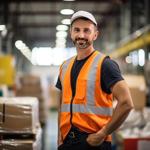 Confident assembly line worker on blurred background Confident assembly line worker on blurred background
