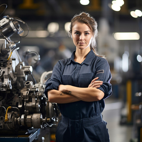 Female machinist operating machine with blurred background Female machinist operating machine with blurred background