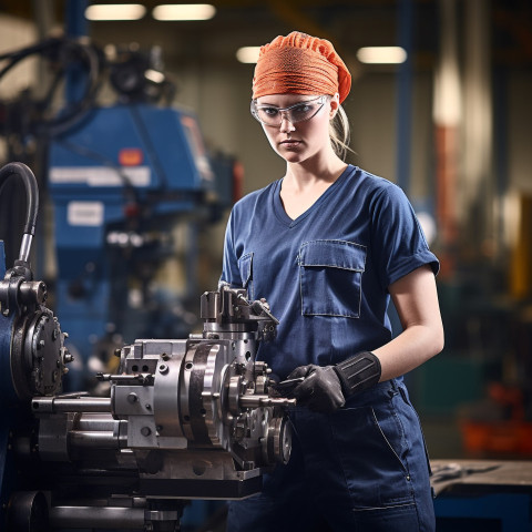 Female machinist operating machine with blurred background Female machinist operating machine with blurred background