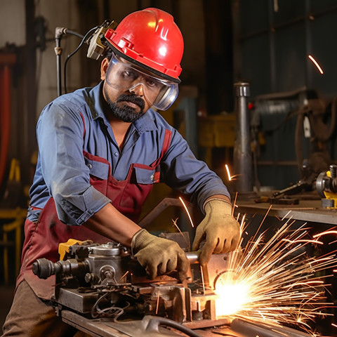 Confident Indian male welder working on blurred background Confident Indian male welder working on blurred background