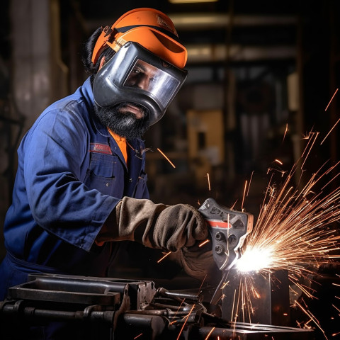 Confident Indian male welder working on blurred background Confident Indian male welder working on blurred background