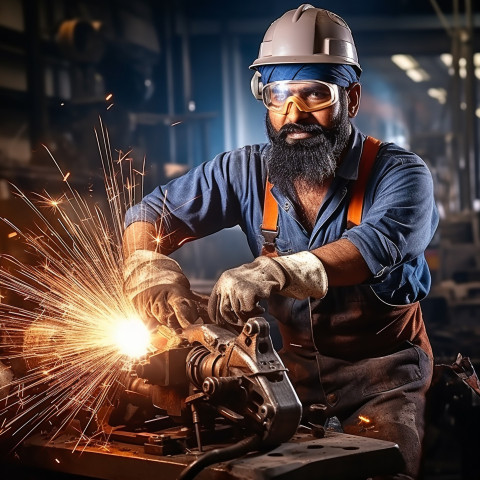 Confident Indian male welder working on blurred background Confident Indian male welder working on blurred background