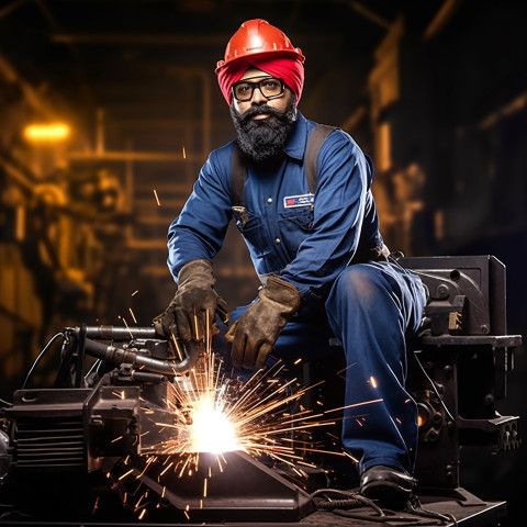 Confident Indian male welder working on blurred background Confident Indian male welder working on blurred background