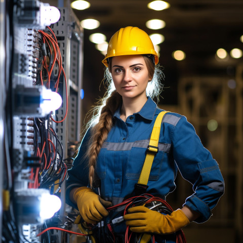 Female electrician working confidently on blurred background Female electrician working confidently on blurred background