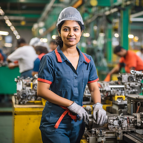 Indian woman assembly worker confidently working on blurred background Indian woman assembly worker confidently working on blurred background