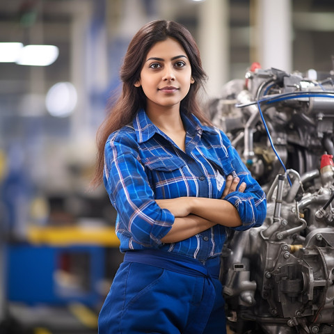 Indian woman assembly worker confidently working on blurred background Indian woman assembly worker confidently working on blurred background