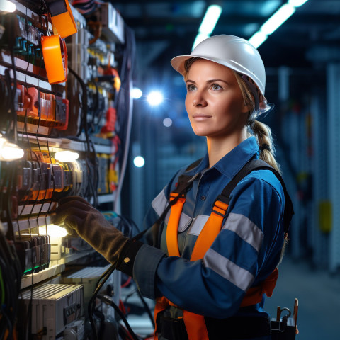 Female electrician working confidently on blurred background Female electrician working confidently on blurred background