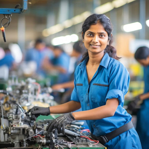 Indian woman assembly worker confidently working on blurred background Indian woman assembly worker confidently working on blurred background