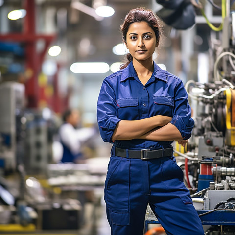 Indian woman assembly worker confidently working on blurred background Indian woman assembly worker confidently working on blurred background