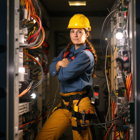 Female electrician working confidently on blurred background Female electrician working confidently on blurred background