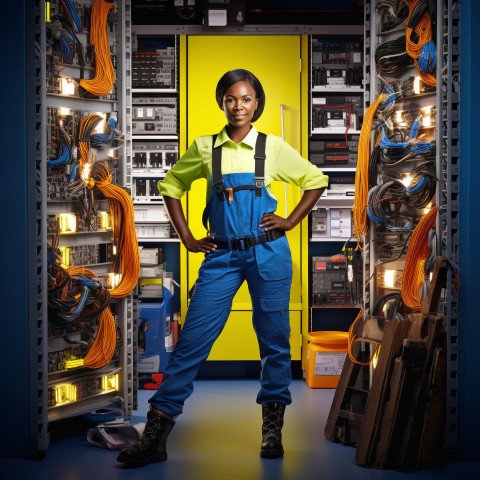 Female electrician working confidently on blurred background Female electrician working confidently on blurred background