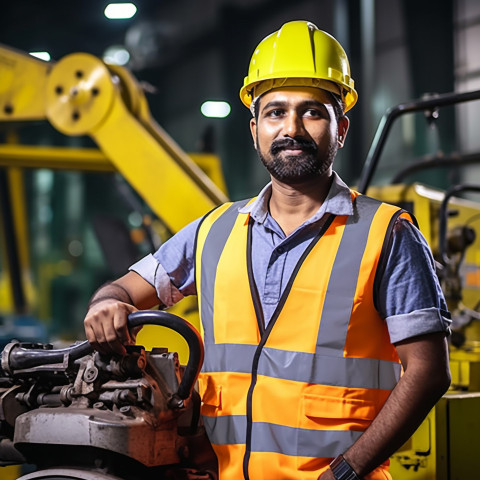 Indian male machine operator working confidently on blurred background Indian male machine operator working confidently on blurred background