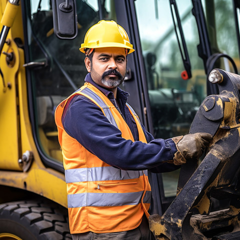 Indian male machine operator working confidently on blurred background Indian male machine operator working confidently on blurred background