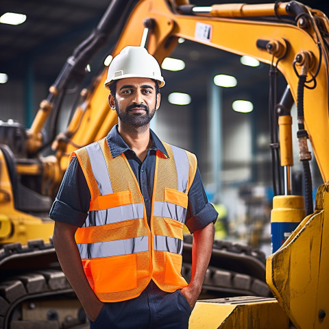 Indian male machine operator working confidently on blurred background Indian male machine operator working confidently on blurred background