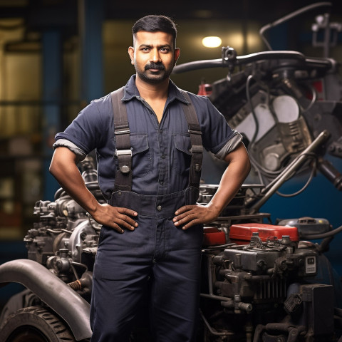 Indian male mechanic working with confidence on a blurred background Indian male mechanic working with confidence on a blurred background