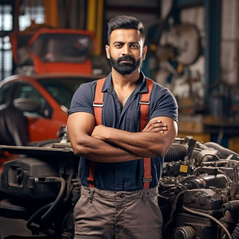 Indian male mechanic working with confidence on a blurred background Indian male mechanic working with confidence on a blurred background
