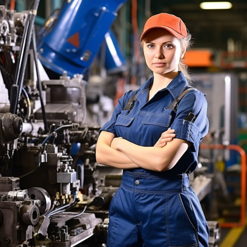Female industrial worker operating machine on blurred background Female industrial worker operating machine on blurred background