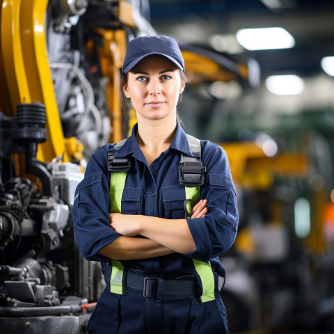 Female industrial worker operating machine on blurred background Female industrial worker operating machine on blurred background