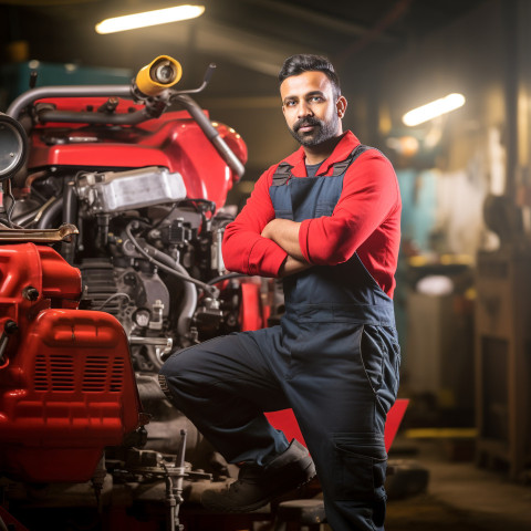 Indian male mechanic working with confidence on a blurred background Indian male mechanic working with confidence on a blurred background