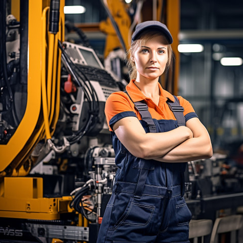 Female industrial worker operating machine on blurred background Female industrial worker operating machine on blurred background