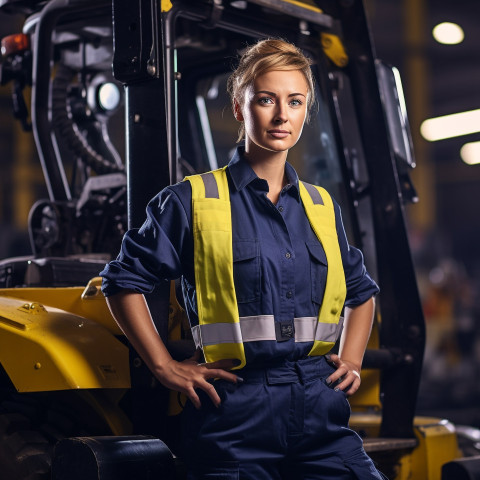 Female industrial worker operating machine on blurred background Female industrial worker operating machine on blurred background