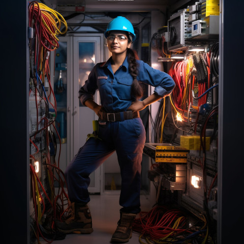 Indian female electrician working on blurred background Indian female electrician working on blurred background
