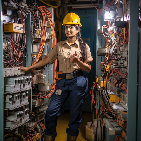 Indian female electrician working on blurred background Indian female electrician working on blurred background