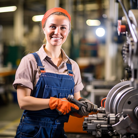 Smiling female machinist working on blurred background Smiling female machinist working on blurred background