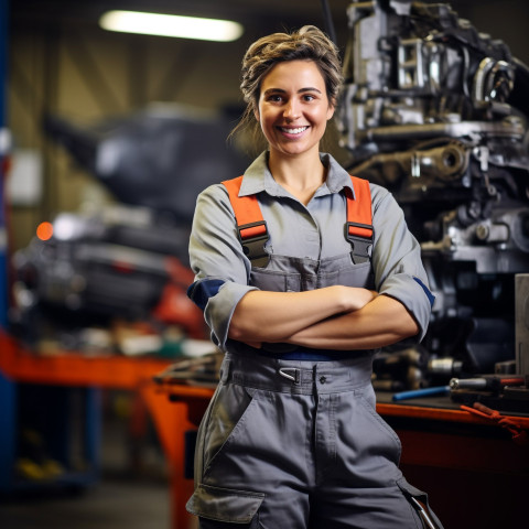 Female auto mechanic smiling while working in a garage on blurred background Female auto mechanic smiling while working in a garage on blurred background