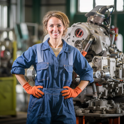 Female auto mechanic smiling while working in a garage on blurred background Female auto mechanic smiling while working in a garage on blurred background