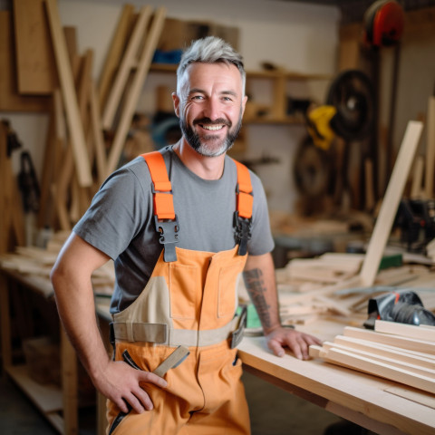 Smiling carpenter working in blurred background Smiling carpenter working in blurred background