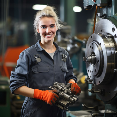 Smiling female machinist working on blurred background Smiling female machinist working on blurred background