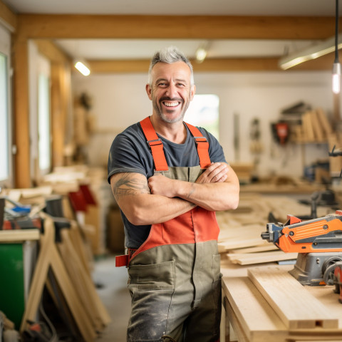 Smiling carpenter working in blurred background Smiling carpenter working in blurred background