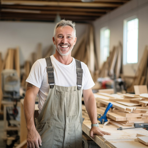 Smiling carpenter working in blurred background Smiling carpenter working in blurred background