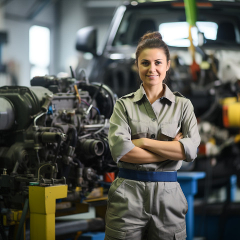 Female auto mechanic smiling while working in a garage on blurred background Female auto mechanic smiling while working in a garage on blurred background