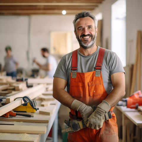 Smiling carpenter working in blurred background Smiling carpenter working in blurred background