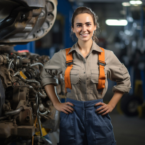 Female auto mechanic smiling while working in a garage on blurred background Female auto mechanic smiling while working in a garage on blurred background