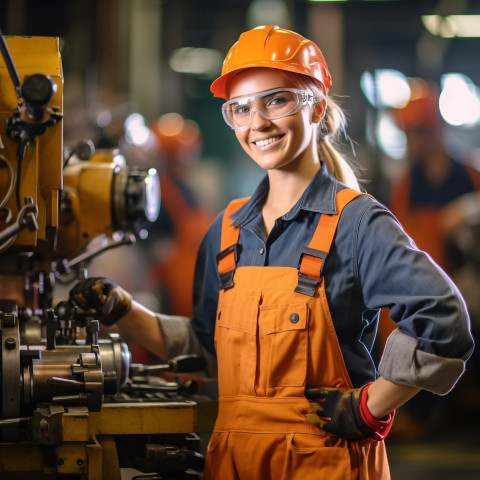 Smiling female machinist working on blurred background Smiling female machinist working on blurred background