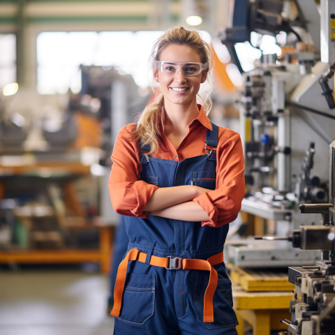 Smiling female machinist working on blurred background Smiling female machinist working on blurred background