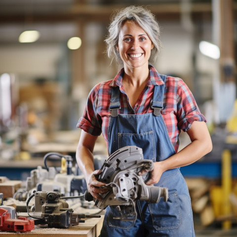 Smiling female tool and die maker working at factory on blurred background Smiling female tool and die maker working at factory on blurred background