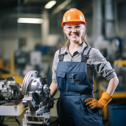 Smiling female tool and die maker working at factory on blurred background Smiling female tool and die maker working at factory on blurred background