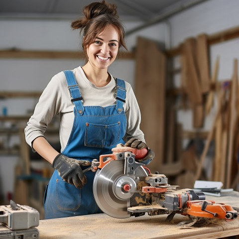 Smiling female tool and die maker working at factory on blurred background Smiling female tool and die maker working at factory on blurred background