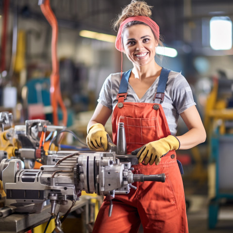 Smiling female tool and die maker working at factory on blurred background Smiling female tool and die maker working at factory on blurred background