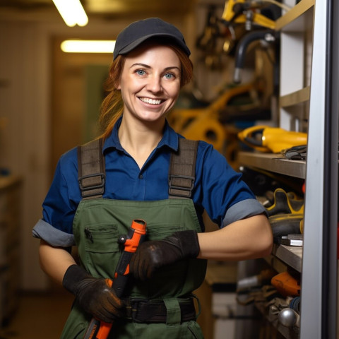 Smiling female plumber working on blurred background Smiling female plumber working on blurred background