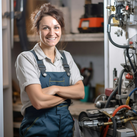 Smiling female plumber working on blurred background Smiling female plumber working on blurred background