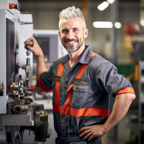 Smiling machinist working in a busy workshop on blurred background Smiling machinist working in a busy workshop on blurred background