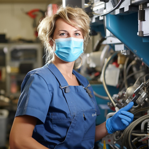 Smiling female plumber working on blurred background Smiling female plumber working on blurred background