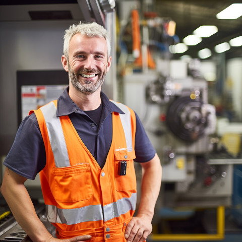 Smiling machinist working in a busy workshop on blurred background Smiling machinist working in a busy workshop on blurred background
