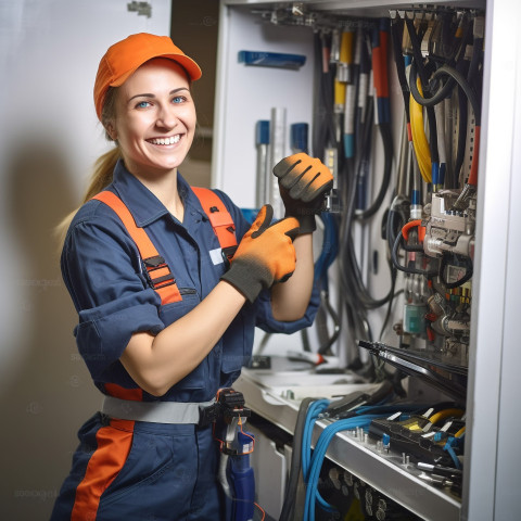 Smiling female plumber working on blurred background Smiling female plumber working on blurred background